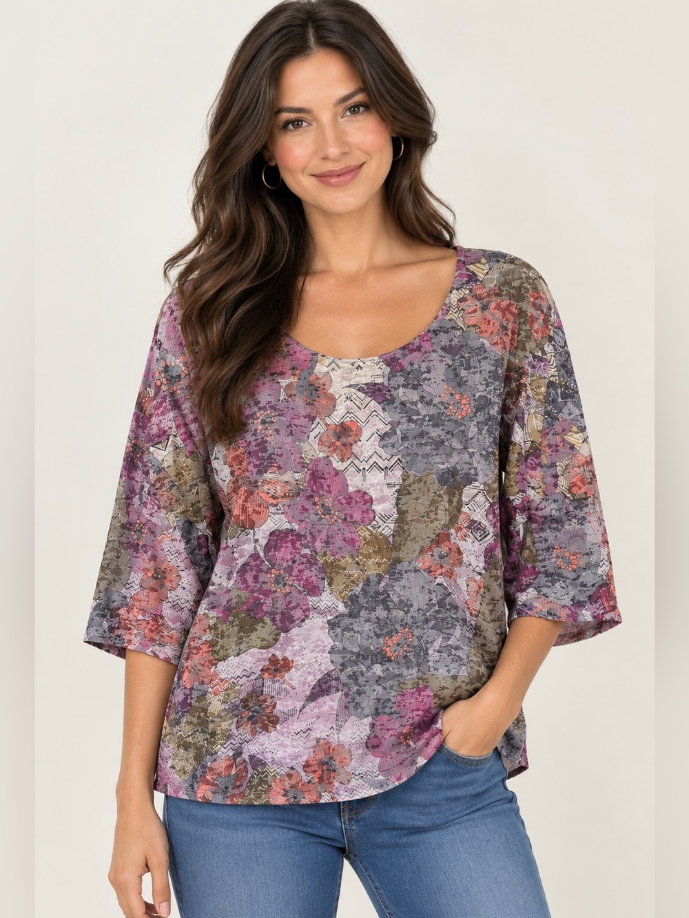 Prana Floral Scoop-Neck Top in Mauve, Gray, Olive Size XL